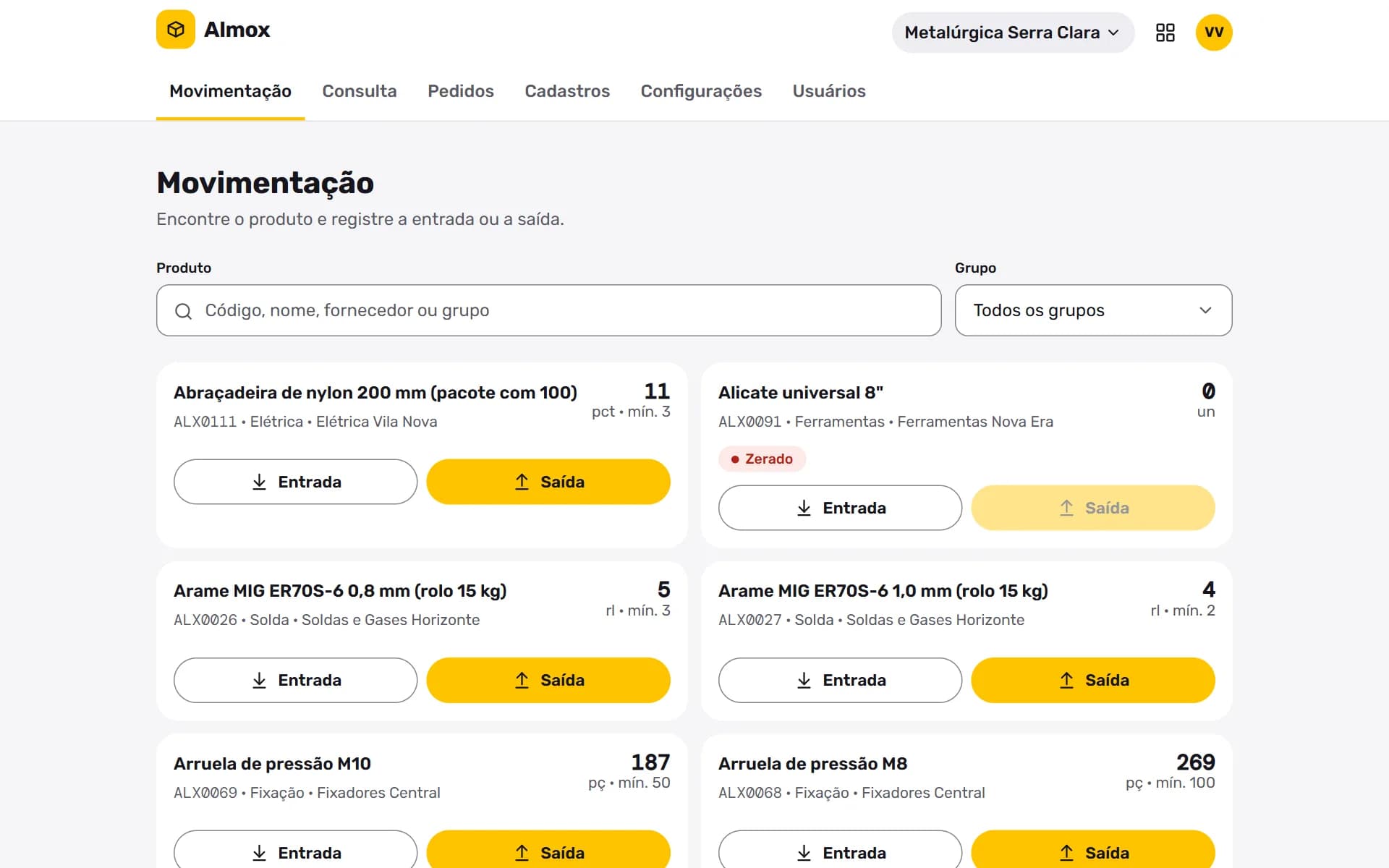 Almox: No computador, a mesma movimentação com a lista inteira.
