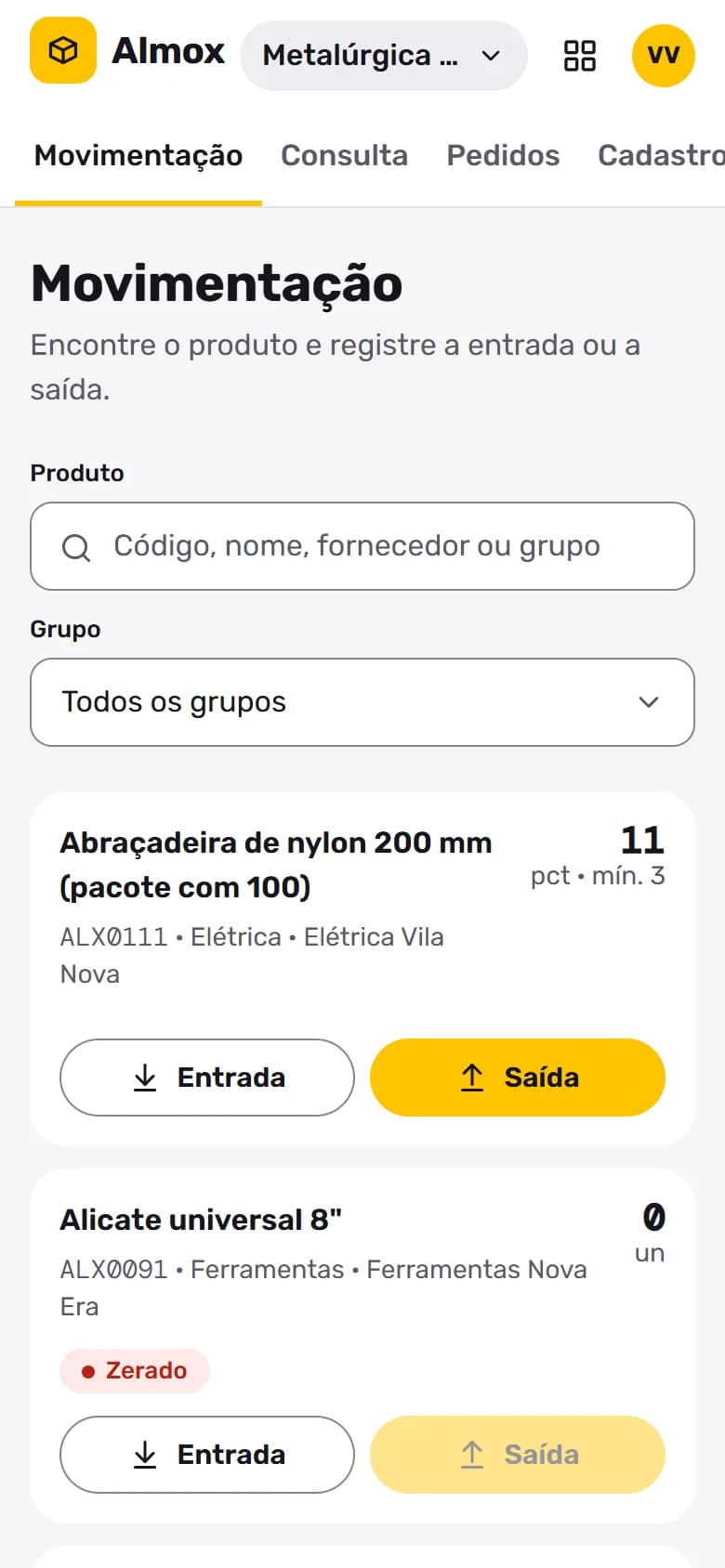 Almox no celular: Entrada e saída em um toque, com o saldo à vista.
