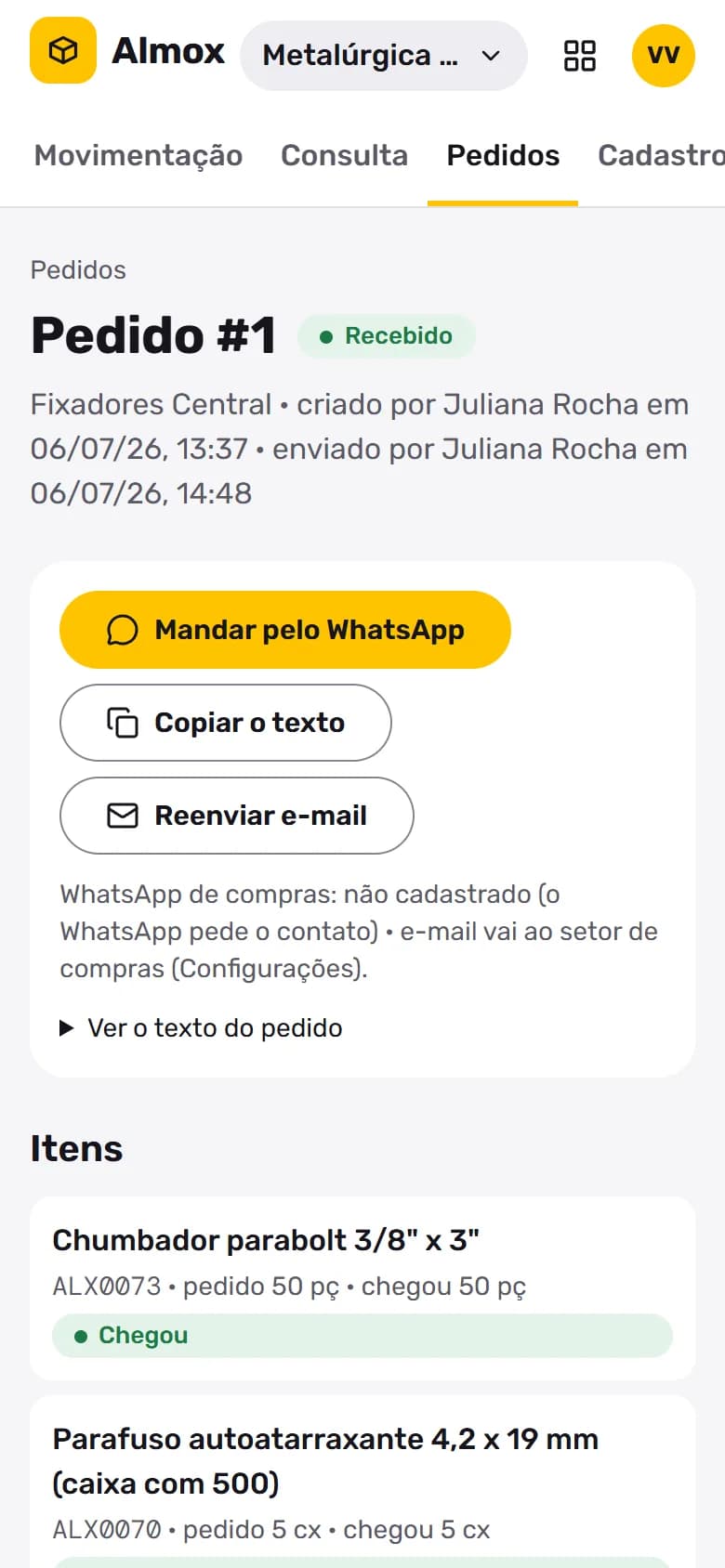 Almox no celular: O pedido de compra, do envio ao recebimento.