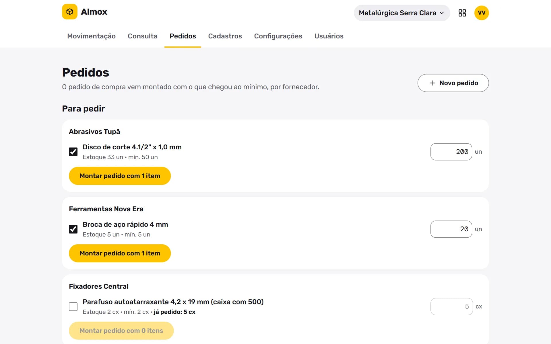 Almox: Para pedir: o que chegou ao mínimo já vem montado por fornecedor.
