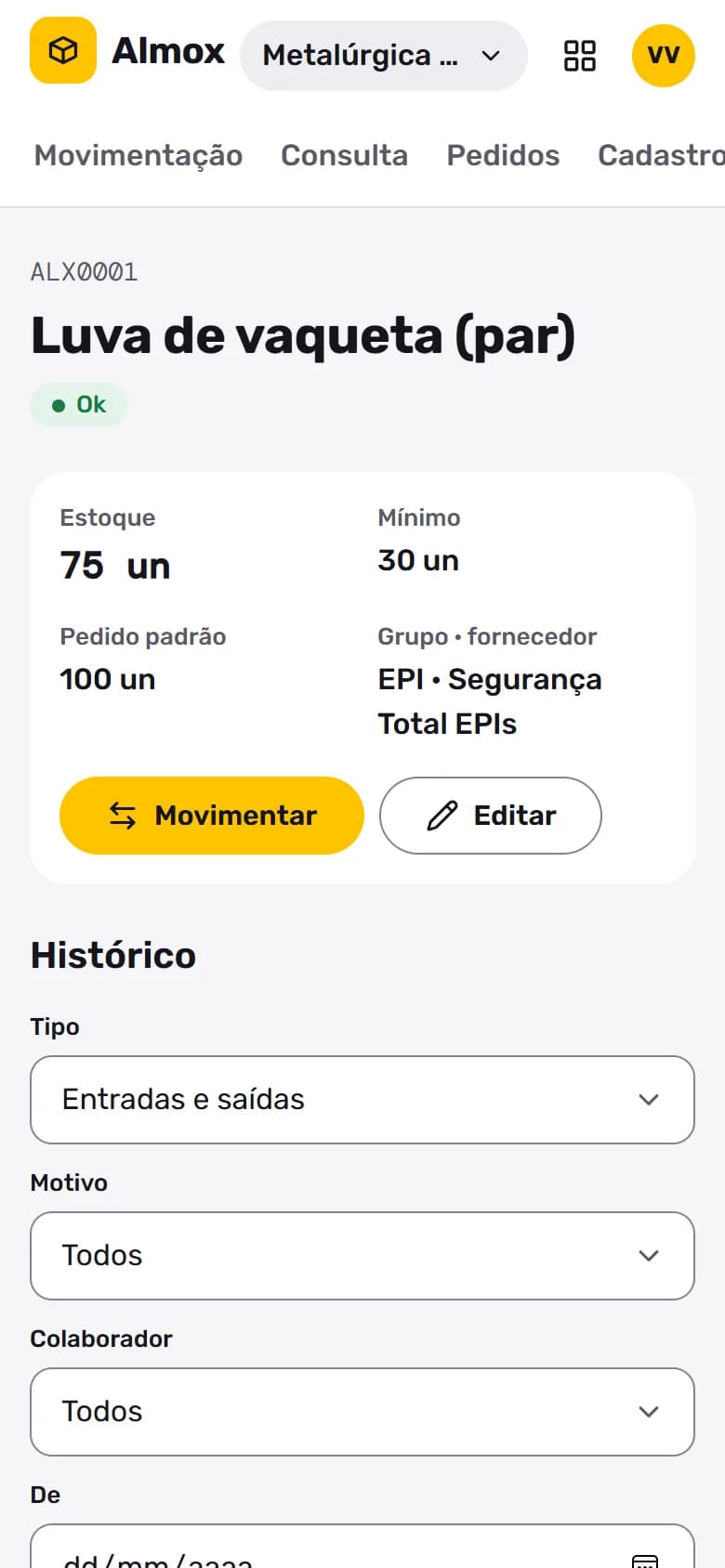 Almox no celular: O produto com o histórico de quem retirou e quando.