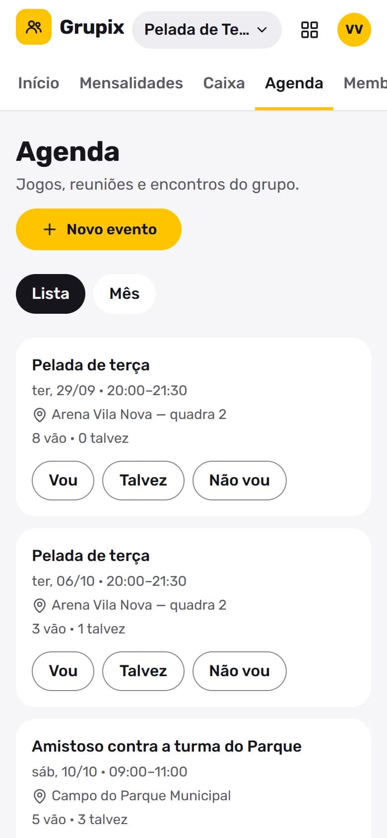 Grupix no celular: Agenda com quem vai, talvez ou não vai.