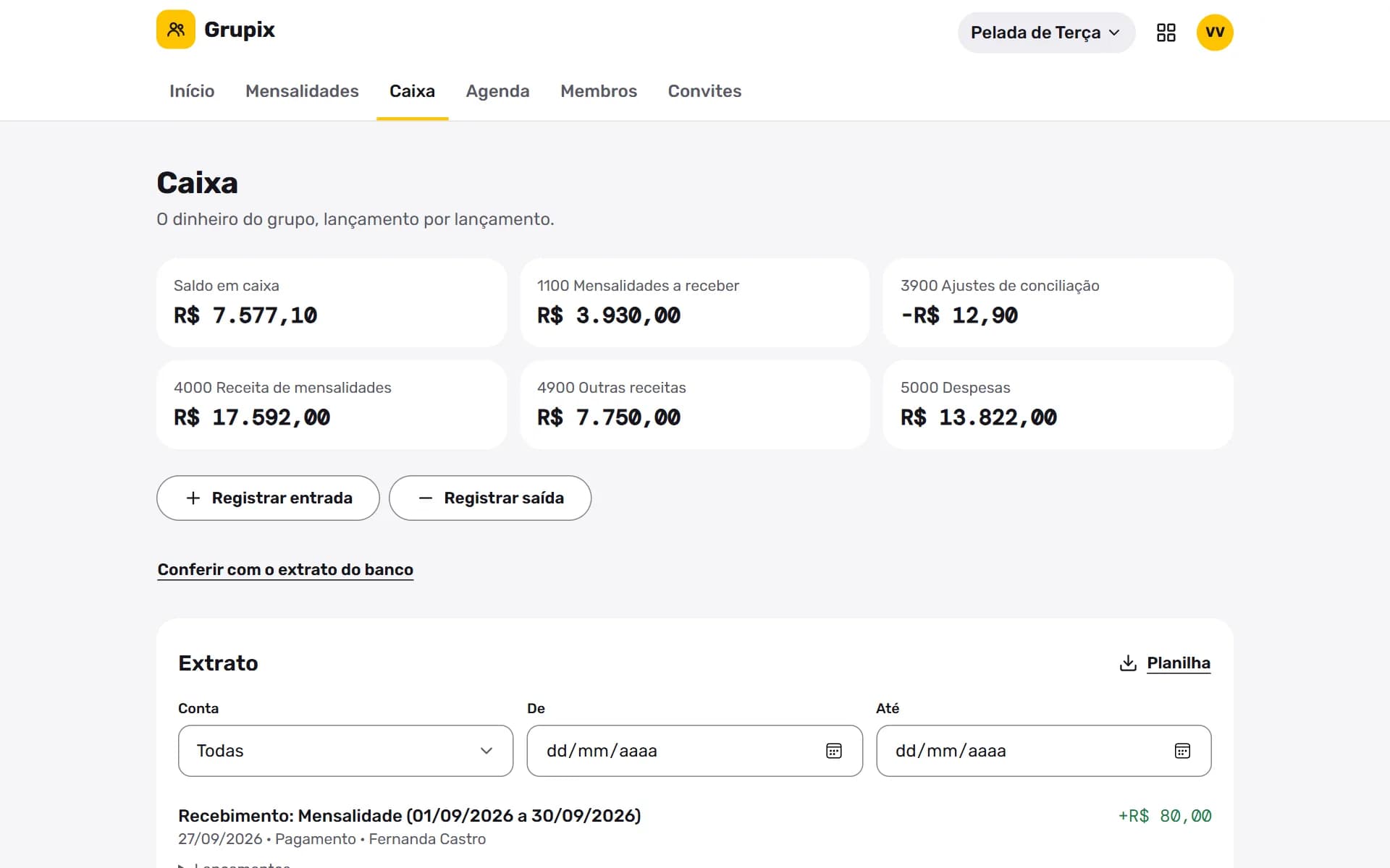 Grupix: Saldos por conta e o extrato lançamento por lançamento.