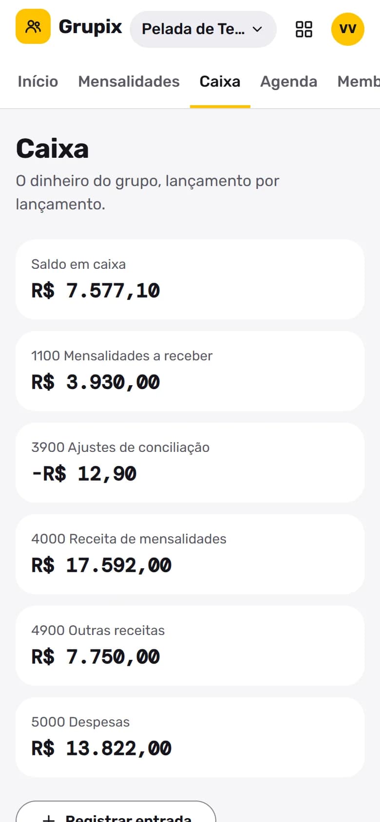 Grupix no celular: O caixa do grupo, conta por conta.
