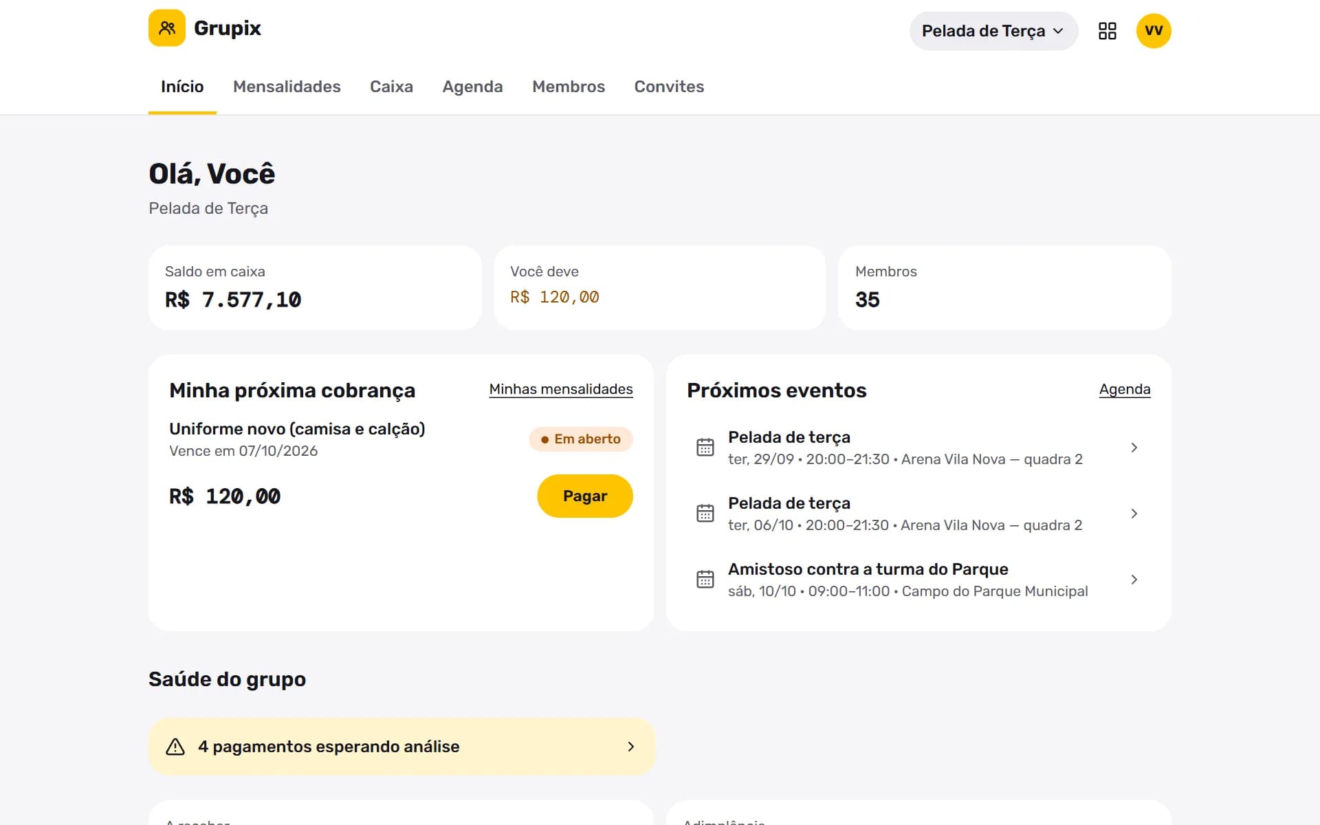 Grupix: Início de quem administra: caixa, a própria cobrança, os próximos eventos e a saúde do grupo.