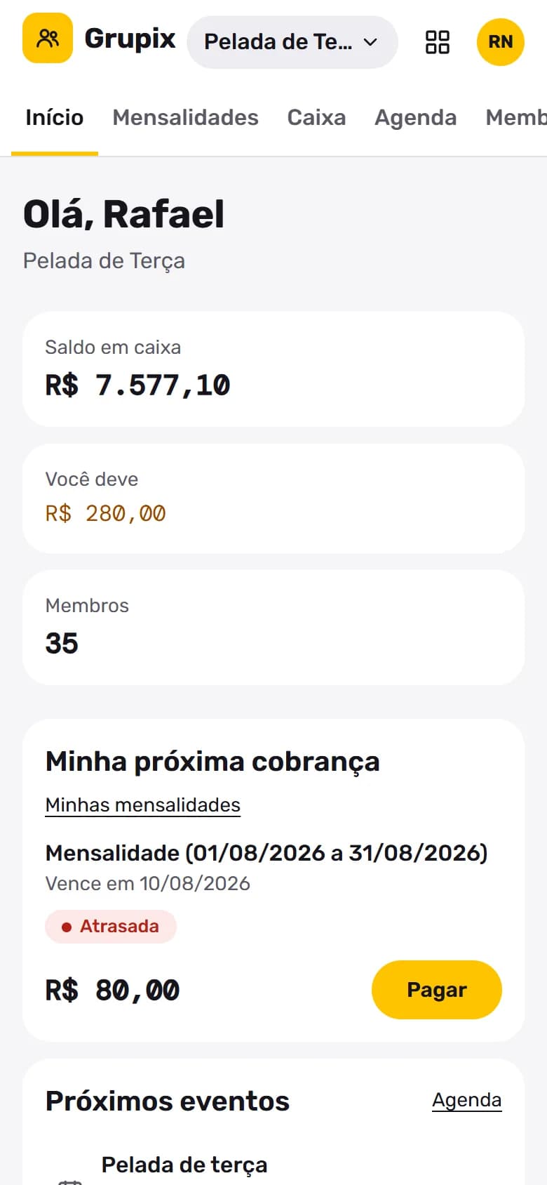 Grupix no celular: O membro vê o que deve e paga pelo PIX.