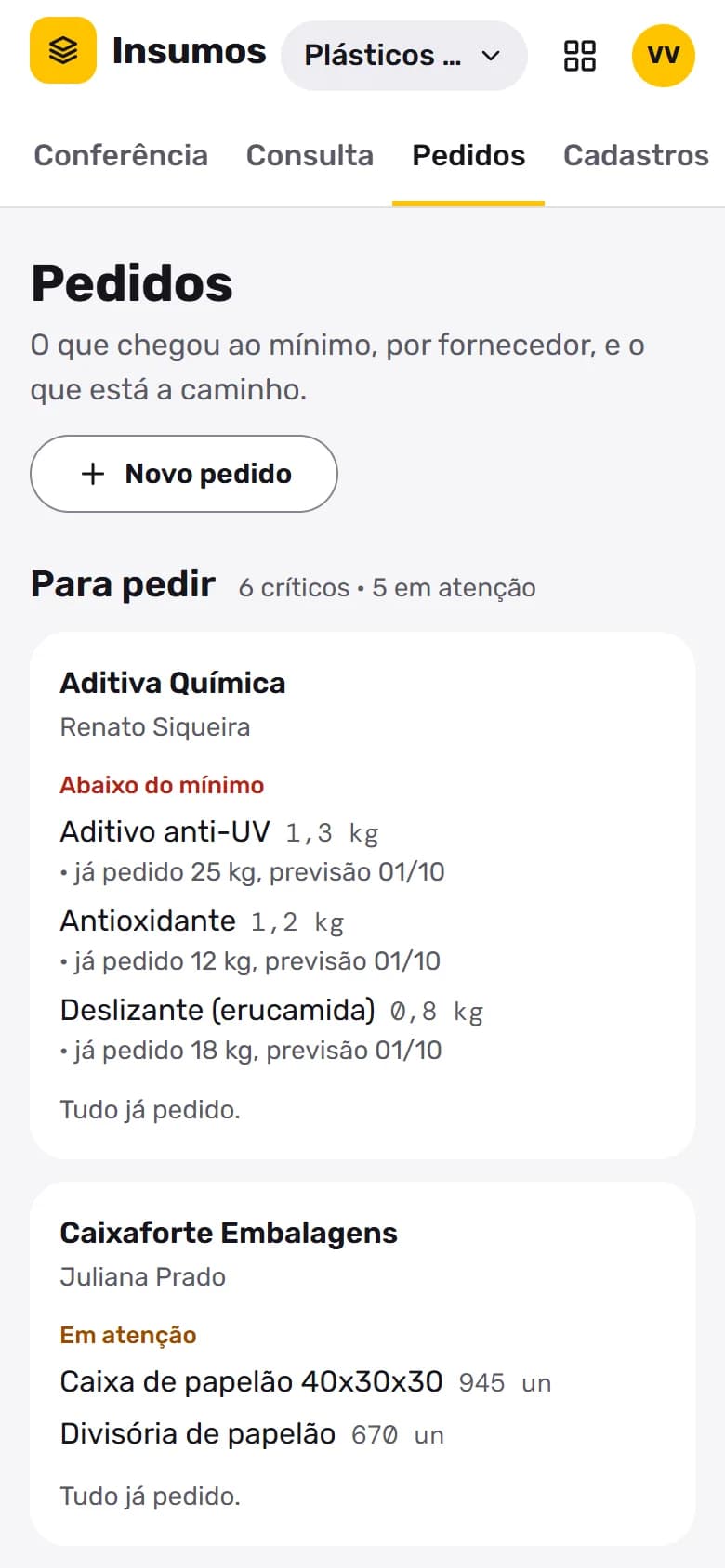 Insumos no celular: Para pedir: críticos e em atenção por fornecedor.