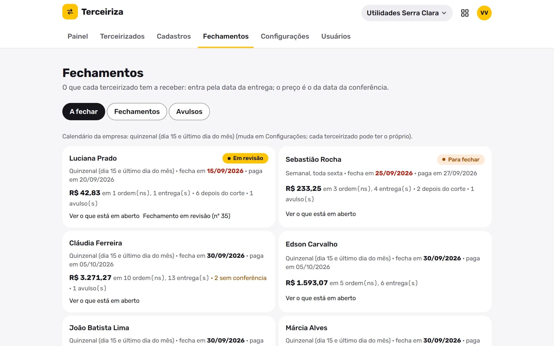 Terceiriza: A fechar: o período de cada terceirizado, com o valor e o que falta conferir.