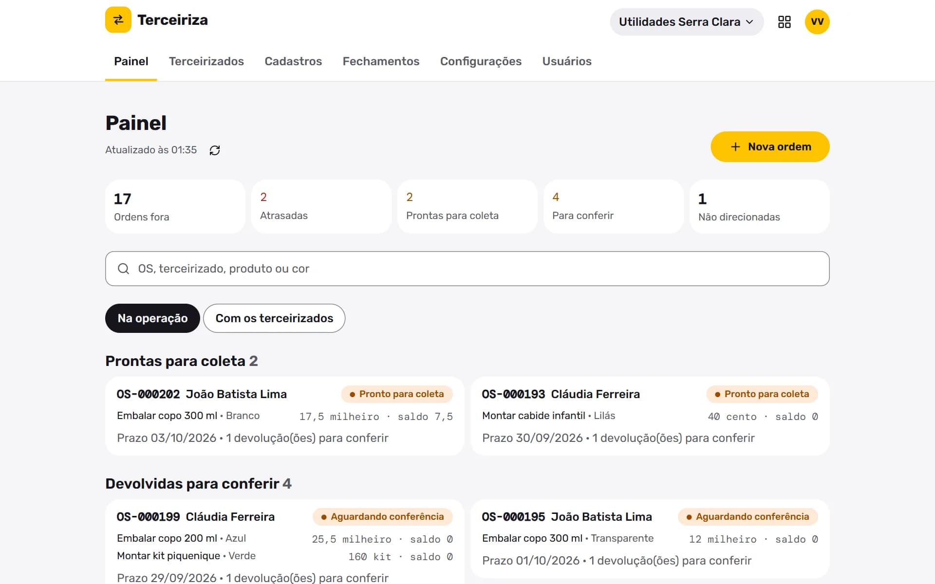 Terceiriza: Painel da empresa: o que está fora, atrasado, pronto para coleta e para conferir.