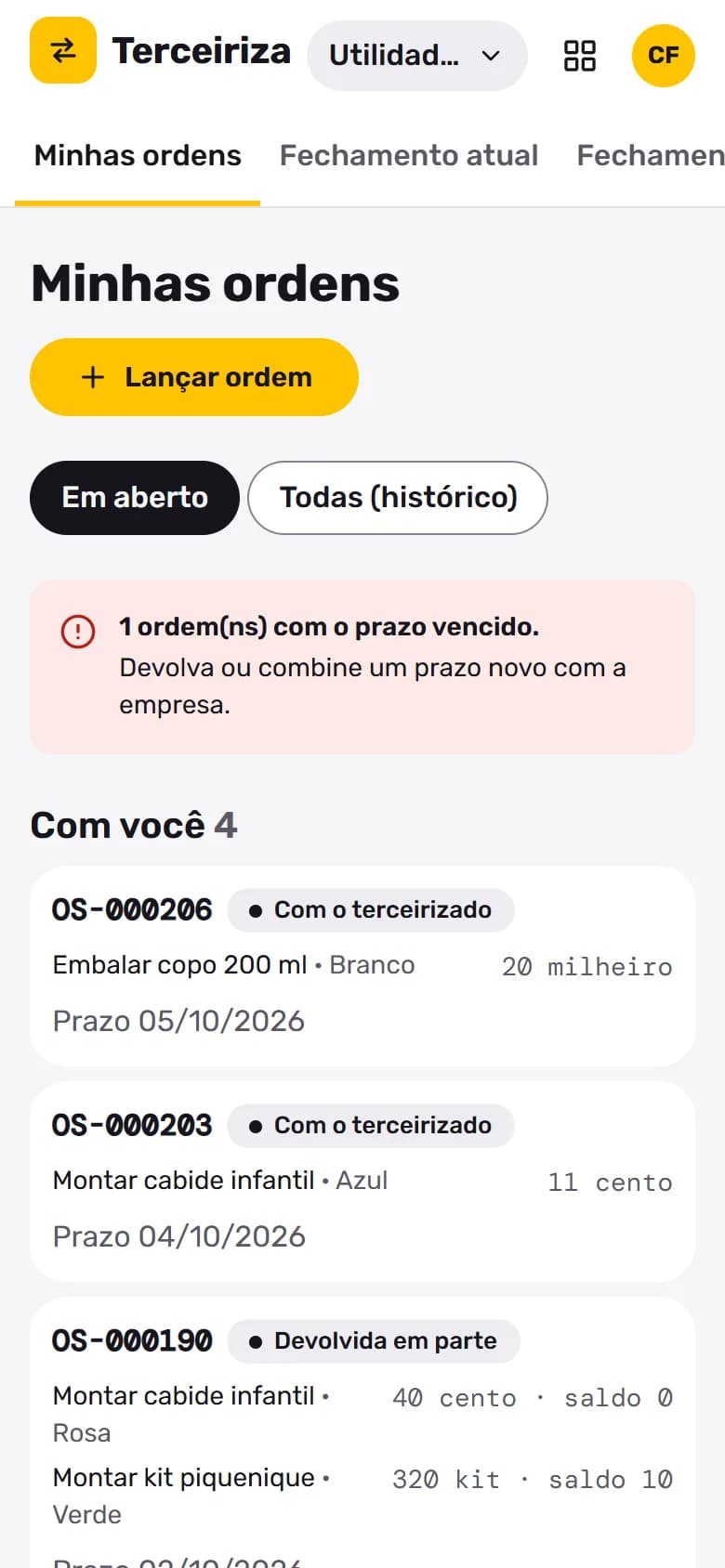 Terceiriza no celular: O terceirizado vê as ordens dele e o prazo de cada uma.